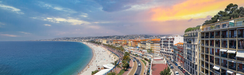 Fototapeta na wymiar France, panoramic skyline of old historic Nice center and azure beaches along Promenade des Anglais.