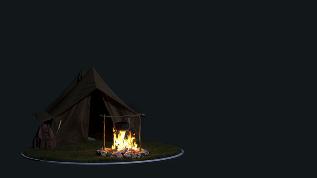 3D picture  camping, campfire tent in the forest