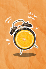 Vertical composite collage picture of classic clock bell ring orange slice inside isolated on...