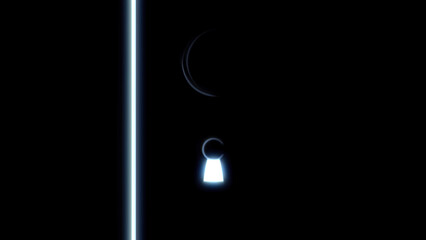 Abstract silhouette of a black door with bright light behind it that filling the space after the door is opened. Animation. Concept of new life.
