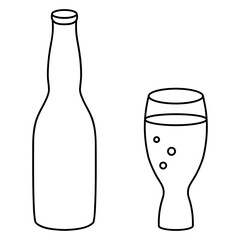 Beer bottle and glass goblet with a drink. Sketch. Glass container with a drink. Bubbles rise in the soda. Vector set of illustrations. Outline on isolated background. Doodle style. 