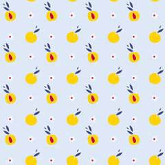 Vector seamless pattern with tropical peaches and berries. Exotic floral texture on a blue background. For textiles, clothing, linen, wrapping paper