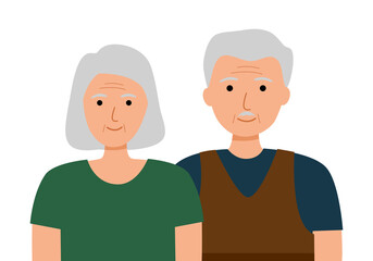 Obraz premium Happy senior couple smiling in flat design. Old man and woman. Grandfather and grandmother.