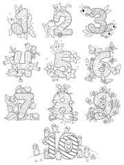 Coloring page - Numbers. Education and fun for childrens. Printable sheet - 1 to 10.