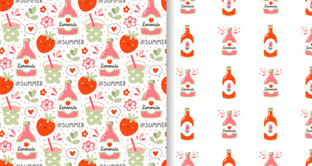 Pink strawberry lemonade in bottles with juice splashes. Flowers, leaves, speech bubble, lettering. Set of vector seamless patterns.