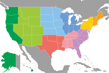 アメリカ合衆国の地図、全50州、9つの地区の色分け