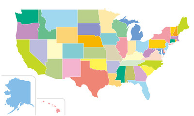 Fototapeta premium アメリカ合衆国の地図、全50州、カラフルで明るい