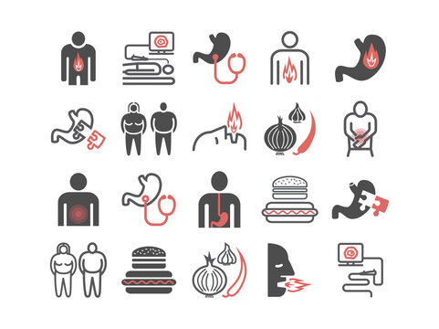 Heartburn. Symptoms, Treatment. Line icons set. Vector signs for web graphics.