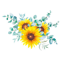 Watercolor sunflowers bouquet, hand painted sunflower bouquet, sunfower flower arrangement. Wedding invitation clipart elements. Watercolor floral. Botanical Drawing. White background