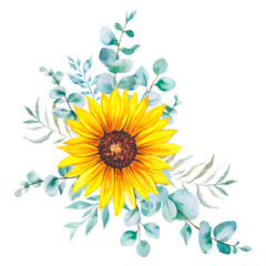 Watercolor sunflowers bouquet, hand painted sunflower bouquet, sunfower flower arrangement. Wedding invitation clipart elements. Watercolor floral. Botanical Drawing. White background