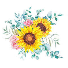 Watercolor sunflowers bouquet, hand painted sunflower bouquet, sunfower flower arrangement. Wedding invitation clipart elements. Watercolor floral. Botanical Drawing. White background