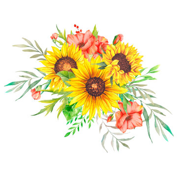 Watercolor sunflowers bouquet, hand painted sunflower bouquet, sunfower flower arrangement. Wedding invitation clipart elements. Watercolor floral. Botanical Drawing. White background