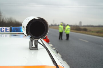 British traffic police attending Incident on blue light,  Police car, Yorkshire, England