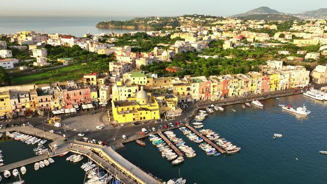 aerial view of Procida port in Italy, beautiful touristic seaside village near Naples on the island of Procida, harbor with boats and ferry on the island of Procida 