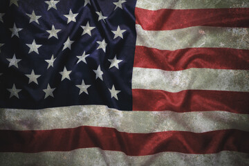 Aged background, star spangled flag United States America.