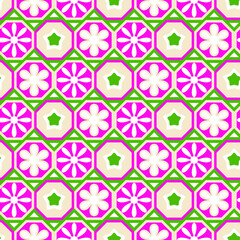 Retro Geometric Florals Stars Octagons Seamless Pattern Tile Style Simple Shapes Beautiful Color Combinations Perfect for Allover Fashion Fabric Print or Wrapping Paper Elegant Vector Design