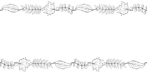 Obraz premium Vector background, frame made of outline autumn leaves on edges. Horizontal top and bottom edging, border, decoration for seasonal design, thanksgiving theme and happy fall