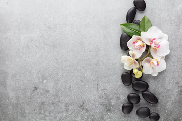 Spa stone, orchid theme objects on grey background.