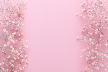 Beautiful flower background of pink gypsophila flowers. Flat lay, top view. Floral pattern.