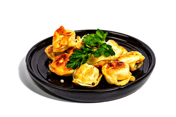 Fried dumplings with parsley and pepper isolated on white background. Trendy vegan food