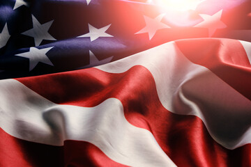 Background, flag United States America with bright sunlight.