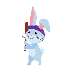 Cute cartoon rabbit or hare. Rabbit in baseball cap with baseball bat playing baseball. Printing on children's T-shirts, greeting cards, posters. Hand-drawn vector stock illustration isolated on white