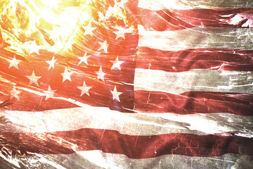 Flag United States America against background burning flames and embers.