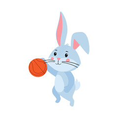 Cute cartoon rabbit or hare. Rabbit is playing basketball. Printing on children's T-shirts, greeting cards, posters. Hand-drawn vector stock illustration isolated on white background