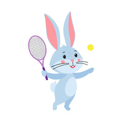 Cute cartoon rabbit or hare. Rabbit with a racket and a tennis ball playing tennis. Printing on children's T-shirts, greeting cards, posters. Hand-drawn vector stock illustration isolated on white 