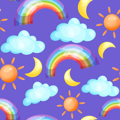 Seamless pattern with rainbow, sun, moon and clouds vector illustration. Use as wrapping paper design or print on fabrics.