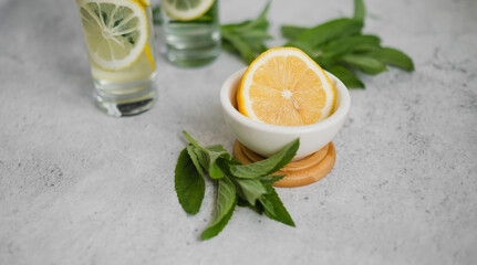 lemon and mint on gray background. copy space for text. ingredients for summer drinks