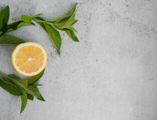 lemon and mint on gray background. copy space for text. ingredients for summer drinks