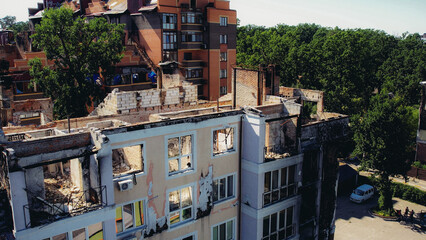 a house in Irpen destroyed by shells of Russian occupiers, drone view
