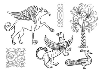 Byzantine traditional historical motifs of animals, birds, flowers and plants Clip art, set of elements for design Outline vector illustration.