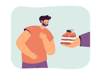 Human hand giving cake to man flat vector illustration. Treating with dessert of celebrating birthday. Food, greeting concept for banner, website design or landing web page