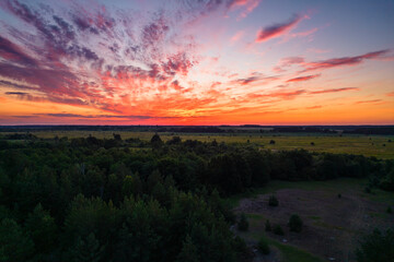sunset with red sky, drone view 