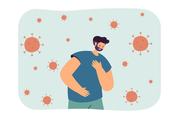 Sick man surrounded by germs flat vector illustration. Man having cold, influenza, flu or covid. Medicine, healthcare, virus concept for banner, website design or landing web page