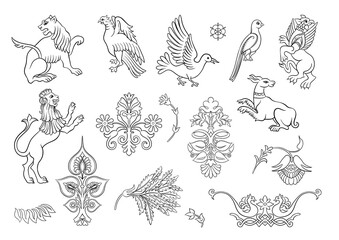 Byzantine traditional historical motifs of animals, birds, flowers and plants Clip art, set of elements for design Outline vector illustration.