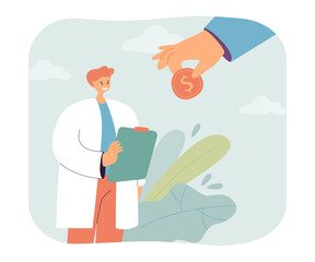 Huge hand giving gold coin to doctor flat vector illustration. Cost of medicine, finance, hospital, insurance concept for banner, website design or landing web page