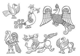 Byzantine traditional historical motifs of animals, birds, flowers and plants Clip art, set of elements for design Outline vector illustration. - obrazy, fototapety, plakaty