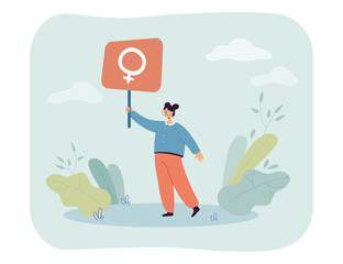 Girl holding banner with female symbol flat vector illustration. Activist standing for gender equality. Feminism, empowerment, protest, freedom concept for banner, website design or landing web page