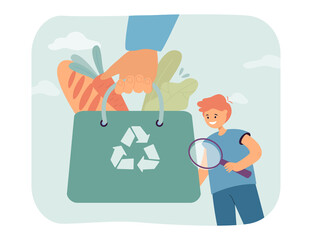 Boy with magnifier and eco bag with products. Reusable grocery bag full of vegetables flat vector illustration. Zero waste, shopping, ecology concept for banner, website design or landing web page