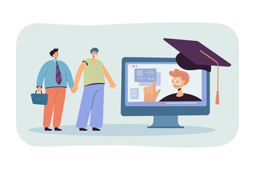 Students and laptop with online courses flat vector illustration. Man and woman studying online, watching webinars. Digital education, e-learning concept for banner, website design or landing web page