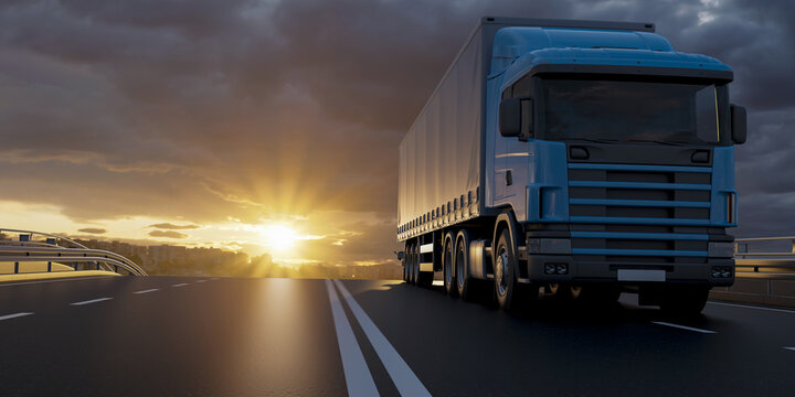Truck on the road, cargo transportation concept. 3D illustration.