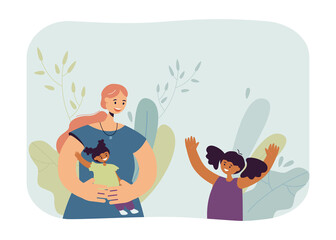 Happy mother with daughter flat vector illustration. Woman holding baby in her arms, spending time with children. Motherhood, family, joy, love concept for banner, website design or landing web page