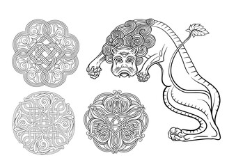 Byzantine traditional historical motifs of animals, birds, flowers and plants Clip art, set of elements for design Outline vector illustration.