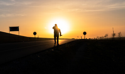 Vehicles exporting at sunrise 