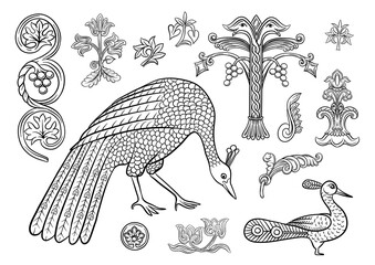 Byzantine traditional historical motifs of animals, birds, flowers and plants Clip art, set of elements for design Outline vector illustration.