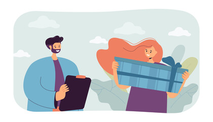 Courier delivering gift box to woman flat vector illustration. Woman receiving birthday present. Delivery, surprise concept for banner, website design or landing web page