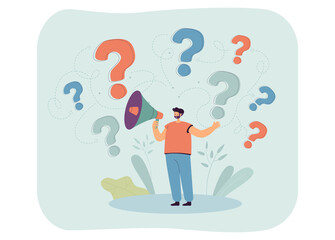 Man with loudspeaker and question marks above him. Tiny man looking for solutions to problem flat vector illustration. Inquiry, attention concept for banner, website design or landing web page